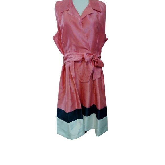 Jessica Howard Sleeveless Pink Satin Wrap Dress Belt Colorblock Hemline size 18 - Picture 5 of 16